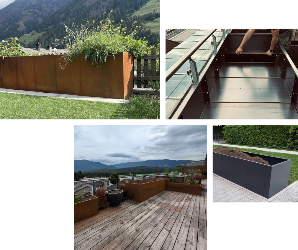 Vier verschiedene Hochbeete aus Metall in unterschiedlichen Umgebungen, darunter ein bepflanztes Hochbeet auf Rasen, ein Hochbeet im Aufbau, ein bepflanztes Hochbeet auf Holzterrasse mit Bergblick und ein leeres Hochbeet auf gepflastertem Boden.